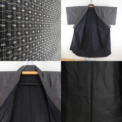 男着物 紬 アンサンブル 袷 黒色 正絹 男性用きもの 羽織 セット 松に坪模様 メンズ 仕立て上がり 和服 男物 カジュアル 身丈135.5cm 【キモノオフ野々市若松店】の画像