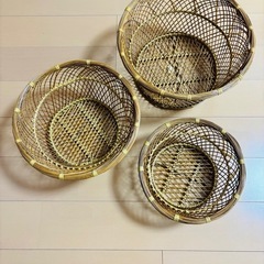 【未使用】ラタン風 丸カゴ 3点セット／ナチュラルインテリア・収...