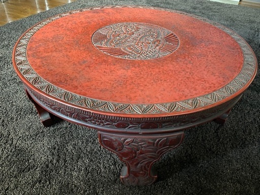 唐家具　中国　骨董　座卓　鳳凰　彫刻　アンティーク　直径91cm
