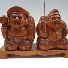 00【S.R】七福神 木製 大黒天 恵比寿 置物 仏教美術 インテリア 幅約13cm×奥11cm×高15cm 重量約6.7Kg 香川発の画像
