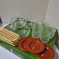 未使用竹園 佐々木硝子 和風竹柄 小鉢、グラス 置き皿　おしぼり置き各5客の画像