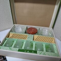 未使用竹園 佐々木硝子 和風竹柄 小鉢、グラス 置き皿　おしぼり置き各5客の画像