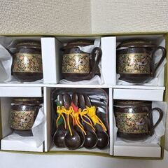 新品未使用　美濃焼　幸泉窯　天目花鳥　茶碗蒸し器　陶器製スプーンお盆付き　各5客の画像