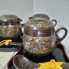新品未使用　美濃焼　幸泉窯　天目花鳥　茶碗蒸し器　陶器製スプーンお盆付き　各5客の画像