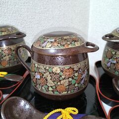 新品未使用　美濃焼　幸泉窯　天目花鳥　茶碗蒸し器　陶器製スプーンお盆付き　各5客の画像