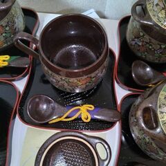 新品未使用　美濃焼　幸泉窯　天目花鳥　茶碗蒸し器　陶器製スプーンお盆付き　各5客の画像