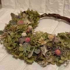 【ハンドメイド】ナチュラルグリーンのドライフラワーリースの画像