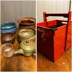 茶器セット& 根来塗 手提二段 茶器入れ