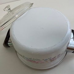 昭和レトロ＊花柄ホーロー鍋（ガラス蓋付き） の画像