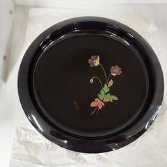 未使用【会津塗 溜塗 天京鉢 尺二 美人草】約36cm 菓子鉢 ...
