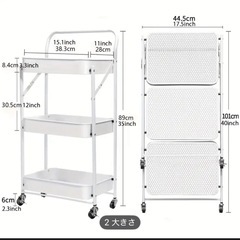 【新品】キッチンワゴン 組立不要 3段 折り畳み式 スチールラック 幅46×奥行29.5×高さ87cm バスケットトローリー バスケットラック ハンドル キッチンラック キャスター付き 3段 棚 隙間収納 収納ワゴン 収納カート 収納ラック 移動式の画像