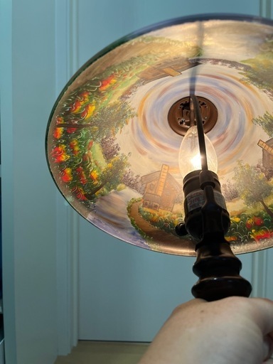 アンティーク　テーブルランプ　スタンドライト　風景画　デスクライト　彫刻　PAINTED GLASS TABLE LAMP