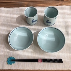有田焼色絵染付うさぎご飯茶碗お湯呑み 和食器うつわやきものの画像