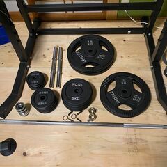 バーベルとプレート100キロセットとワサイのハーフラックのセットですの画像