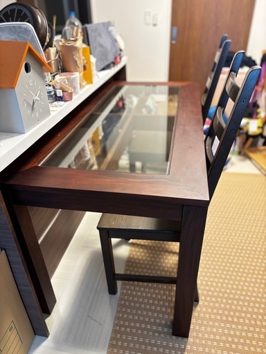 【きちんと全文お読み下さい】ダイニングテーブル 木 半ガラス天板 アンティーク