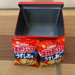 【アミューズメント商品】ポテトチップスうすしお缶　お菓子2袋付
の画像