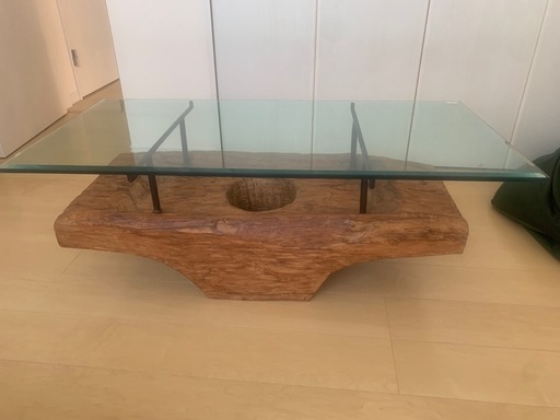 【値下げ】Kaja チーク ローテーブル(武蔵野市手渡し) KAJAオールドチークガラスローテーブル (Si ryuuu) 五香の