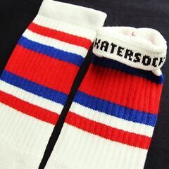 (4920) SkaterSocks ロングソックス 靴下 男女兼用 ソックス スケート スケボー チューブソックス Knee high White tube socks with Red-Royal Blue stripes style 4 (22インチ) SKATE Sの画像