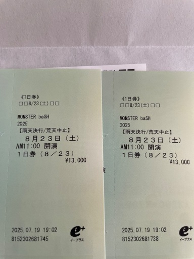 モンバス2025/8/23土曜のチケットを２枚
