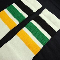 (5481) SkaterSocks (スケーターソックス) ロングソックス 靴下 男女兼用 ソックス スケボー チューブソックス Knee high White tube socks with Black-Green-Gold stripes style 1 (22インチの画像