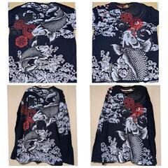長袖Tシャツ 2L 和風柄 鯉 コイ 花 波 派手 プリント 装飾の画像