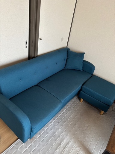 3人掛けソファー/ブルー(オットマン,クッション付)