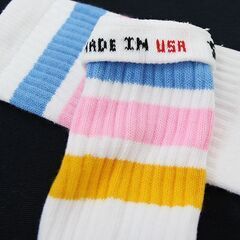 (6257) SkaterSocks (スケーターソックス) ロングソックス 靴下 男女兼用 ソックス チューブソックス Knee high White tube socks with Baby Blue-Baby Pink-Gold stripes style 1 (22の画像