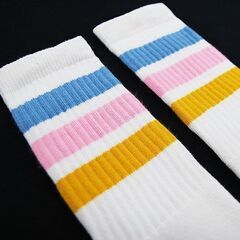 (6257) SkaterSocks (スケーターソックス) ロングソックス 靴下 男女兼用 ソックス チューブソックス Knee high White tube socks with Baby Blue-Baby Pink-Gold stripes style 1 (22の画像