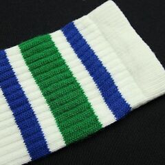 (3943) SkaterSocks ロングソックス 靴下 男女兼用 ソックス スケート スケボー チューブソックス Knee high White tube socks with Royal Blue-Green stripes style 3 (22インチ) SKATEの画像