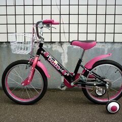 ☆自転車 ジュニアサイクル 18インチ 補助輪付き 変速無し ブラック×ピンク 子ども用 切り替え無し ライト無し 反射板付き 札幌 北20条店の画像