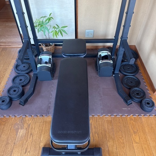 ホームトレーニングセット、ホームジム（可変ダンベル、ハーフラック、バーベル、トレーニングベンチ）