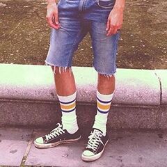 (6008) SkaterSocks (スケーターソックス) ロングソックス 靴下 男女兼用 ソックス チューブソックス Knee high White tube socks with Baby Blue-Baby Pink stripes style 4 (22インチ)の画像