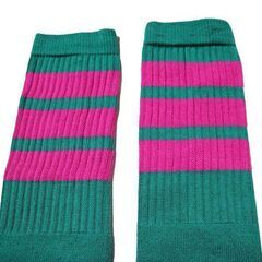 (7591) SkaterSocks (スケーターソックス) ロングソックス 靴下 男女兼用 ソックス スケボー チューブソックス Knee high Teal tube socks with Hot Pink stripes style 1 (Made in Italy)の画像