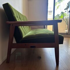カリモク60　Kチェア　2シーター　モケットグリーン　傷みありの画像