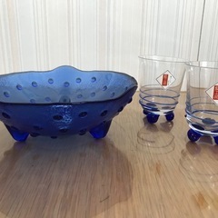 【未使用】藍工房　手作りがらす　ペアグラス＆盛り鉢セットの画像
