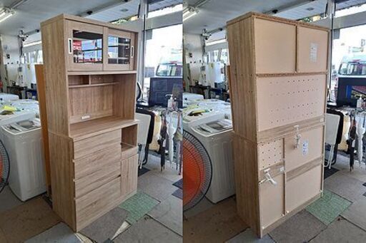 美品!!【オーク風 ナチュラルテイスト レンジボード】幅90cm 組立済み 天板も化粧加工 コンセント×4 引出し×4 上下連結タイプ キッチン家具 食器棚 カップボード 札幌 北20条店
