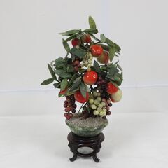 置物 廣州工芸品 GUANGZHOU 石細工 天然石 葡萄 桃 盆栽 植木 台座付き 幅33cm×奥行18cm×高さ55cm の画像
