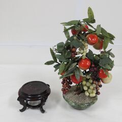 置物 廣州工芸品 GUANGZHOU 石細工 天然石 葡萄 桃 盆栽 植木 台座付き 幅33cm×奥行18cm×高さ55cm の画像