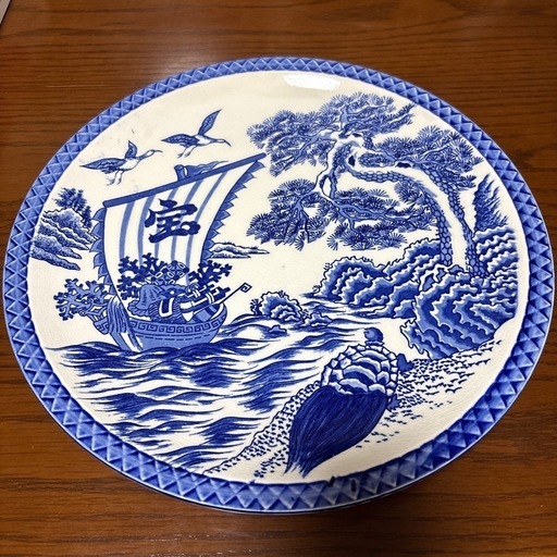 中古美品】②青絵大皿 鶴亀宝船図直径32.3cm (ちびすけ) 少路の