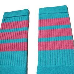 (7587) SkaterSocks (スケーターソックス) ロングソックス 靴下 男女兼用 ソックス スケボー チューブソックス Knee high Aqua tube socks with BubbleGum Pink stripes style 1 (Made inの画像