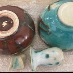 新品未使用★青緑色のハンドメイドボウルペアと醤油差しセットの画像