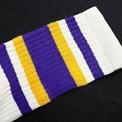 (3960) SkaterSocks ロングソックス 靴下 男女兼用 ソックス スケボー チューブソックス Knee high White tube socks with Purple-Gold stripes style 4 (22インチ) SKATE SK8の画像