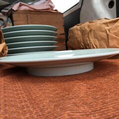 ②【昭和中華皿】未使用品 5枚 食器 中華皿 31×31㎝ 大皿 器 青磁 三洋化学工業所 日本製 140℃ 業務用 店舗 ネーム入りの画像