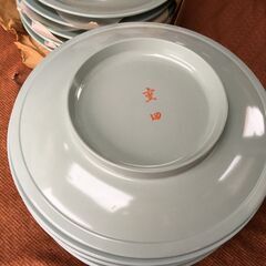 ③【昭和レトロ】未使用品 7枚 食器 中華皿 31×31㎝ 大皿 器 青磁 三洋化学工業所 日本製 140℃ 業務用 店舗 ネーム入りの画像