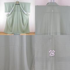 夏着物 色無地 駒絽 薄緑色 草色 絽 広衿 正絹 一つ紋 違い鷹の羽紋 証紙付き 夏用 仕立て上がり 身丈158cm 【キモノオフ野々市若松店】の画像