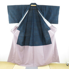 紬 着物 単衣 幾何学模様 黒色ｘ紺色ｘ赤色 広衿 正絹 胴抜き 仕立て上がり着物 身丈157cm 【キモノオフ野々市若松店】の画像
