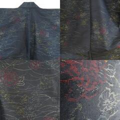 紬 着物 単衣 花模様 紺色ｘ黄色ｘ赤色ｘ多色 広衿 正絹 仕立て上がり着物 身丈165cm 【キモノオフ野々市若松店】の画像