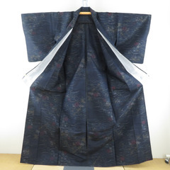 紬 着物 単衣 花模様 紺色ｘ黄色ｘ赤色ｘ多色 広衿 正絹 仕立て上がり着物 身丈165cm 【キモノオフ野々市若松店】の画像