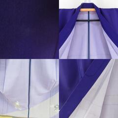 付下げ 単衣 ポリエステル 濃い紫色ｘ金色 童子紋様 踊り用 ステージ用 舞台用 バチ衿 仕立て上がり 身丈158cm 【キモノオフ野々市若松店】の画像