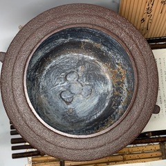 配送可能 釜師　佐藤清光　在銘　竹地紋　共箱 茶道具 茶釜 鉄釜 茶器　銅蓋　古道具　アンティーク　煎茶道具　骨董　時代物　古玩 筒釜の画像